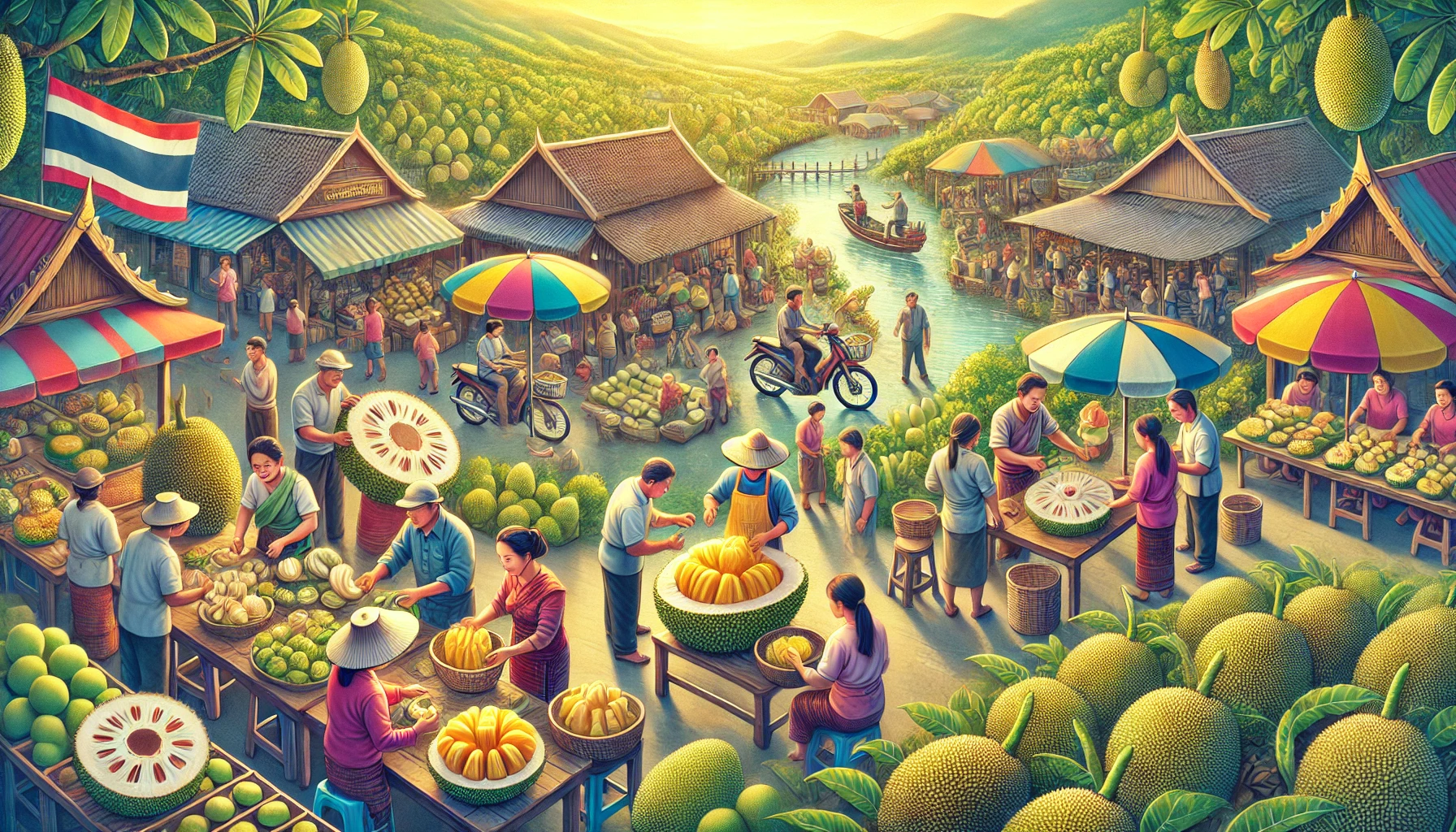 Illustration of Thailand's economic and cultural impact of jackfruit, showing a bustling market with vendors cutting and selling jackfruit, customers interacting, and farmers harvesting jackfruit in lush orchards in the background.