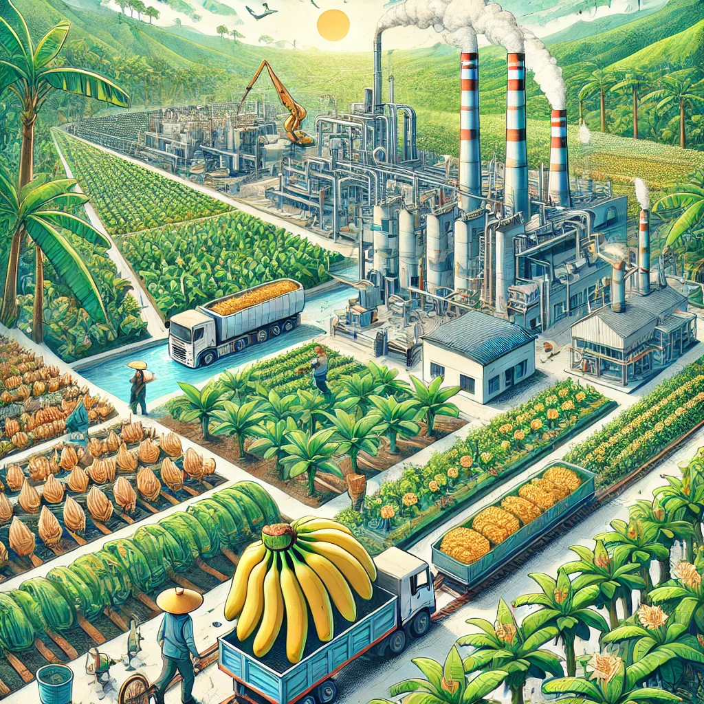 An illustration showcasing the journey of bananas, from planting and cultivation to harvesting, factory processing, and banana chip production, set against a vibrant and sunny backdrop.