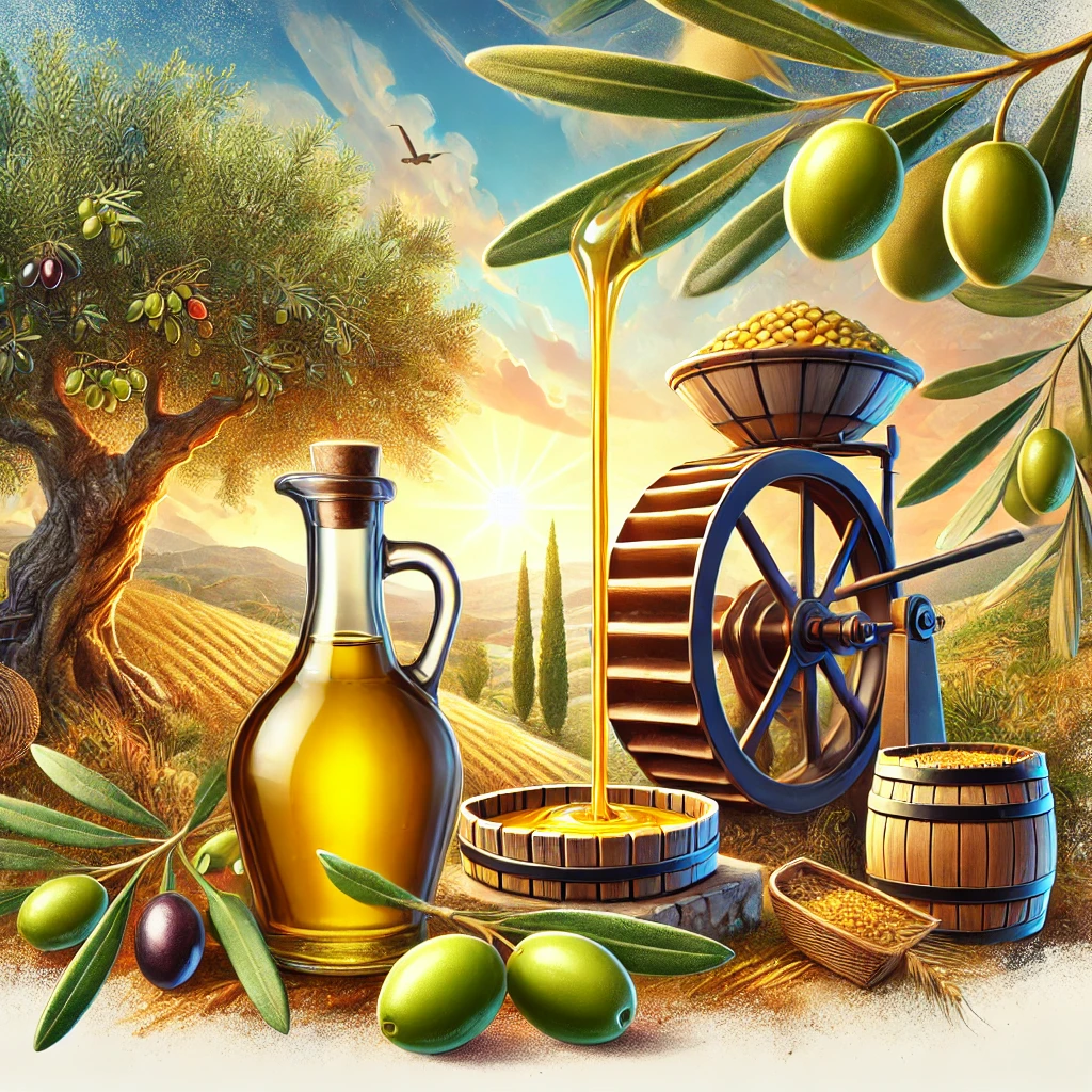 A vibrant depiction of the olive oil extraction process, showing fresh olives on branches, a rustic stone mill, and a modern press machine with golden olive oil flowing into a glass bottle, set against a serene olive grove under a sunny sky.