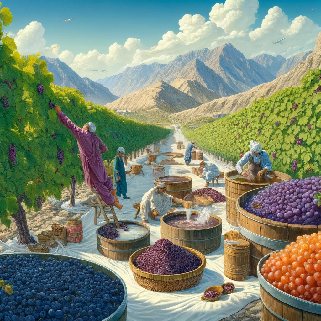 Illustration of the grape-to-raisin production process in Balochistan, featuring grape harvesting, quality sorting, boiling with caustic soda, sun-drying on sheets, and the final cleaning and packing stages.