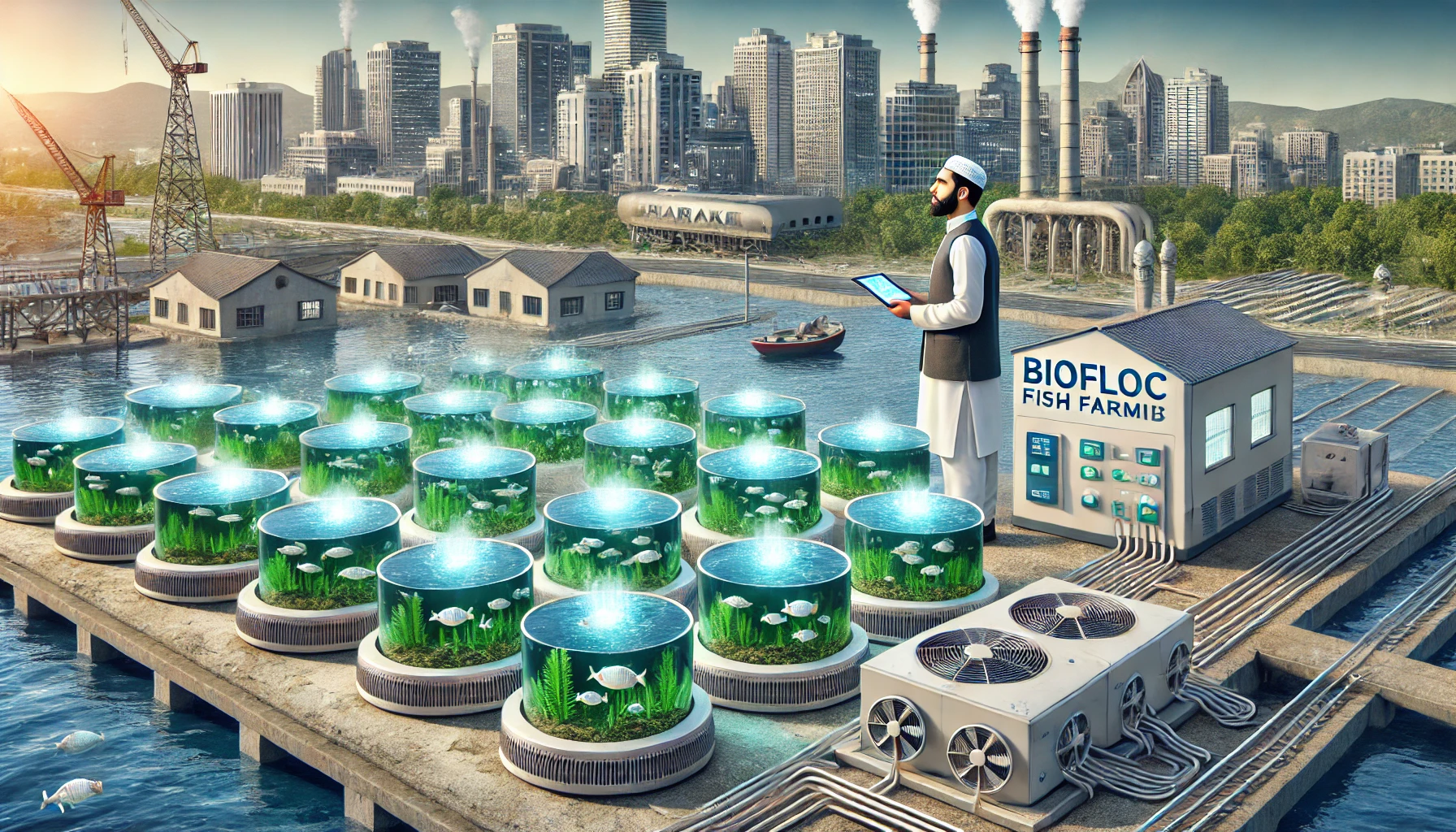 An urban biofloc fish farming setup in Karachi featuring ten large, round tanks filled with fish, equipped with aeration systems, surrounded by city buildings, and a person checking the setup with a tablet in hand.