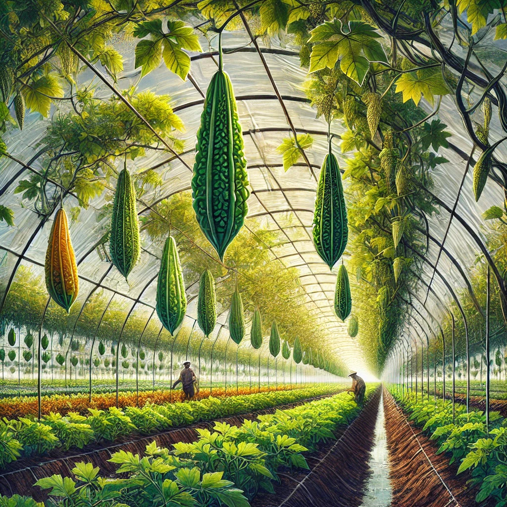 A detailed illustration of a bitter gourd farm using tunnel farming techniques. The setup includes transparent polythene tunnels protecting lush green vines with bitter gourds of various sizes hanging prominently. Farmers are tending to the plants under bright sunlight.