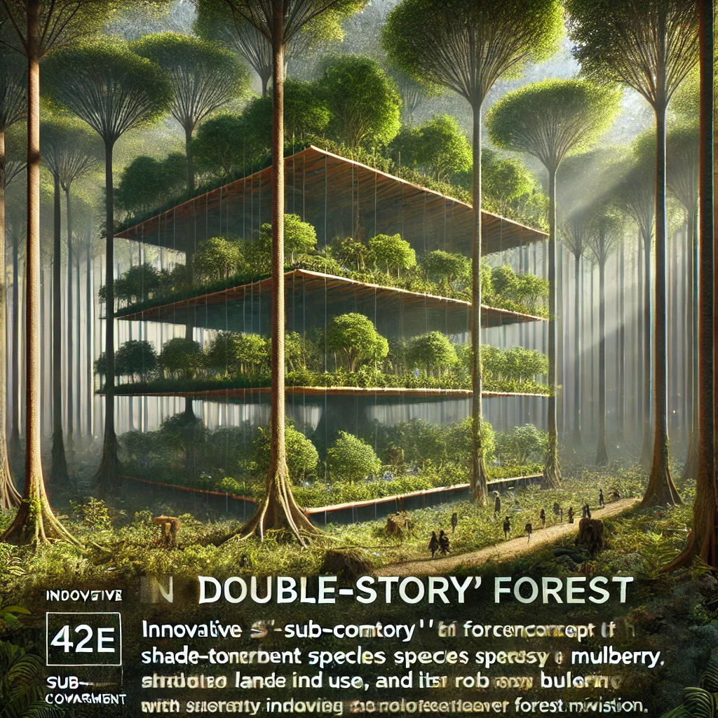 A dense forest showcasing the concept of double-story forests with tall canopy trees and shade-tolerant species like mulberry (Shahtoot) growing beneath them, demonstrating a sustainable, multi-layered ecosystem.