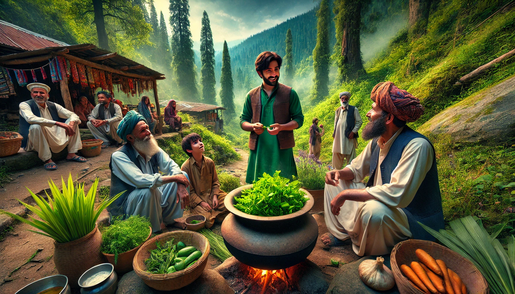 A cultural scene along the Murree Hiking Track in Pakistan, featuring locals sharing traditions and preparing the dish "Kunji Ka Saag" amidst a rustic village backdrop and lush greenery.